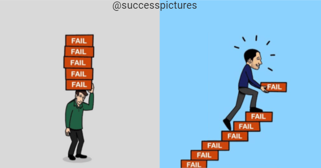 Diferentes abordagens em relação ao fracasso. De um lado, temos uma pessoa empilhando fracassos sobre a cabeça, como um fardo.
Do outro temos uma pessoa criando uma escada com os fracassos para atingir novos resultados.