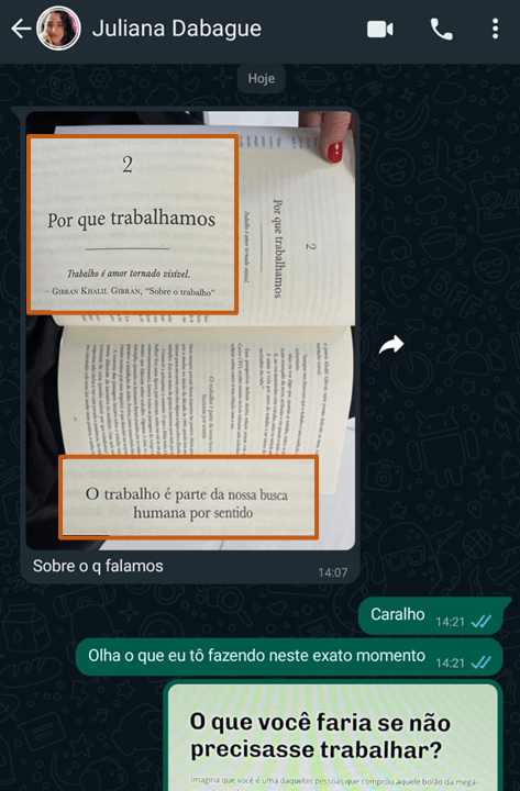 Print de uma conversa de whatsapp entre o autor e a irmã do autor.

Mostrando a convergência de temas sendo pensados em 2 pessoas diferentes, mas no mesmo momento.
