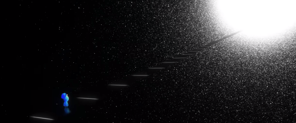 Uma cena do filme SOUL da Pixar: o personagem principal está na fila da "morte".