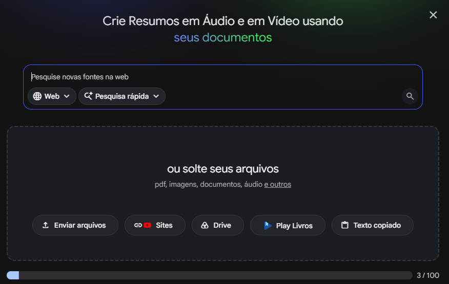 Print da tela do NotebookLM de quais fontes podem ser ingeridas em um notebook:
- pdfs
- vídeos do yt
- sites
- audio
- texto