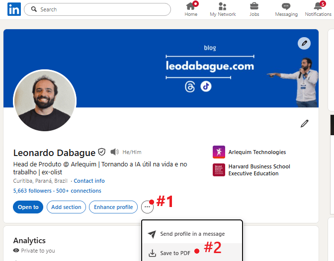 Página do LinkedIn de uma pessoa, mostrando como exportar o perfil da pessoa para PDF.