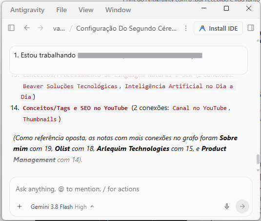 Tela do Antigravity com a resposta gerada a partir do pdf e do prompt sugerido pelo post.