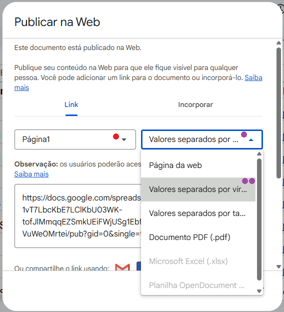 Janela Publicar na web do Google Sheets, com os dois seletores: a aba a publicar e o formato de saída.