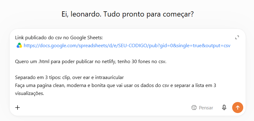 Tela do ChatGPT com o prompt colado, começando pelo link publicado do CSV do Google Sheets.