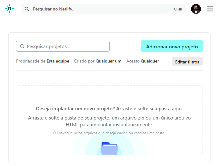 Área do Netlify Drop onde se arrasta a pasta ou o arquivo HTML para publicar o projeto. [tela traduzida para pt-br pelo chrome]