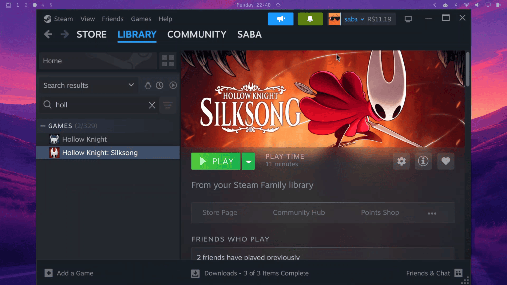 Biblioteca da Steam aberta no Omarchy, na página de Hollow Knight: Silksong, com o botão Play e 11 minutos de tempo de jogo registrados
