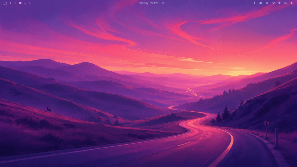 Área de trabalho do Omarchy com papel de parede de uma estrada sinuosa ao pôr do sol, em tons de roxo e rosa, e a barra superior do Hyprland com os workspaces numerados