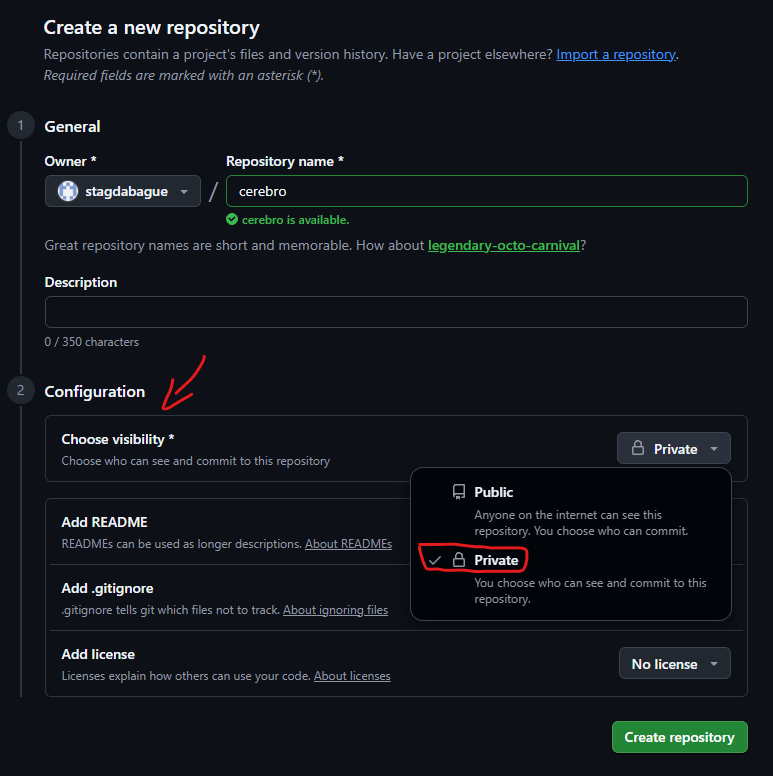 Tela Create a new repository do GitHub com a visibilidade Private selecionada