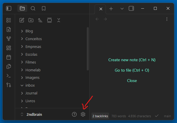 Obsidian com o ícone de configurações destacado no canto inferior esquerdo