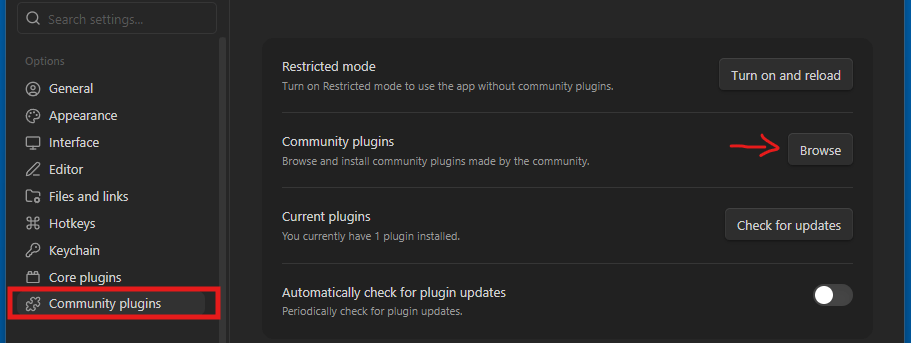 Configurações do Obsidian na aba Community plugins, com o botão Browse destacado