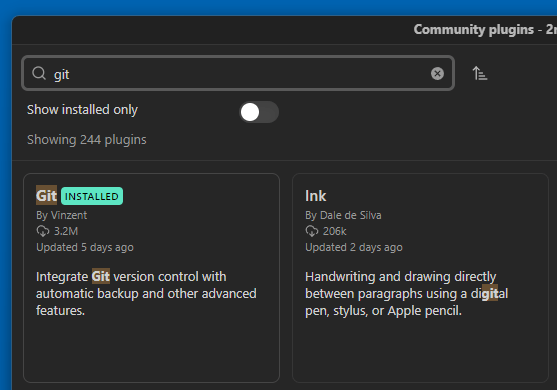 Busca por git nos plugins da comunidade do Obsidian, com o plugin Git do autor Vinzent