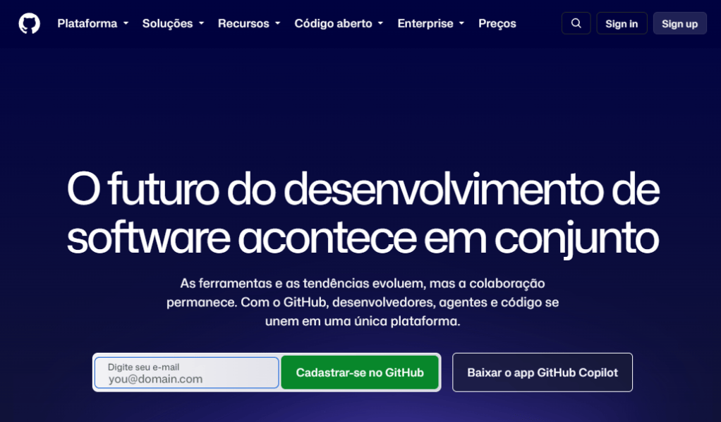 Página inicial do GitHub com o botão Cadastrar-se no GitHub