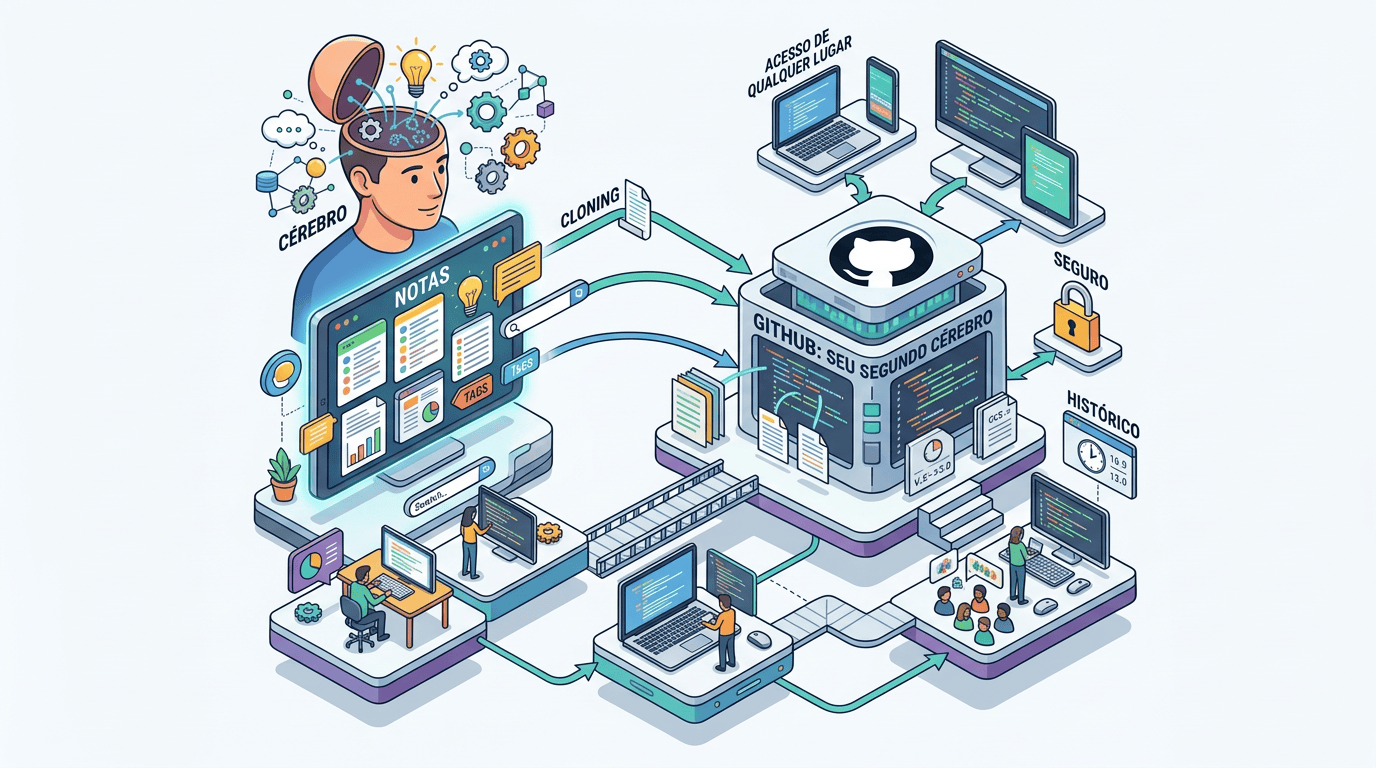 Ilustração sobre GitHub: seu segundo cérebro, com notas, tags, clonagem, segurança e histórico