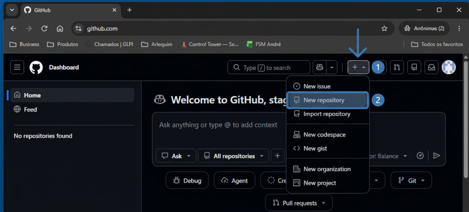 Menu + do GitHub aberto, com a opção New repository destacada